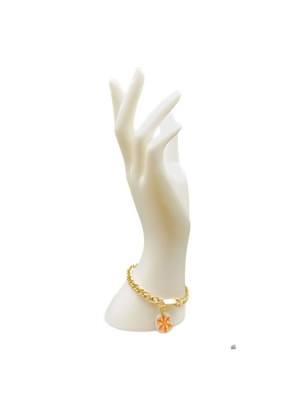 Gold Tone Chain Vintage Charm Bracelet with Orange Snowflake Pendant